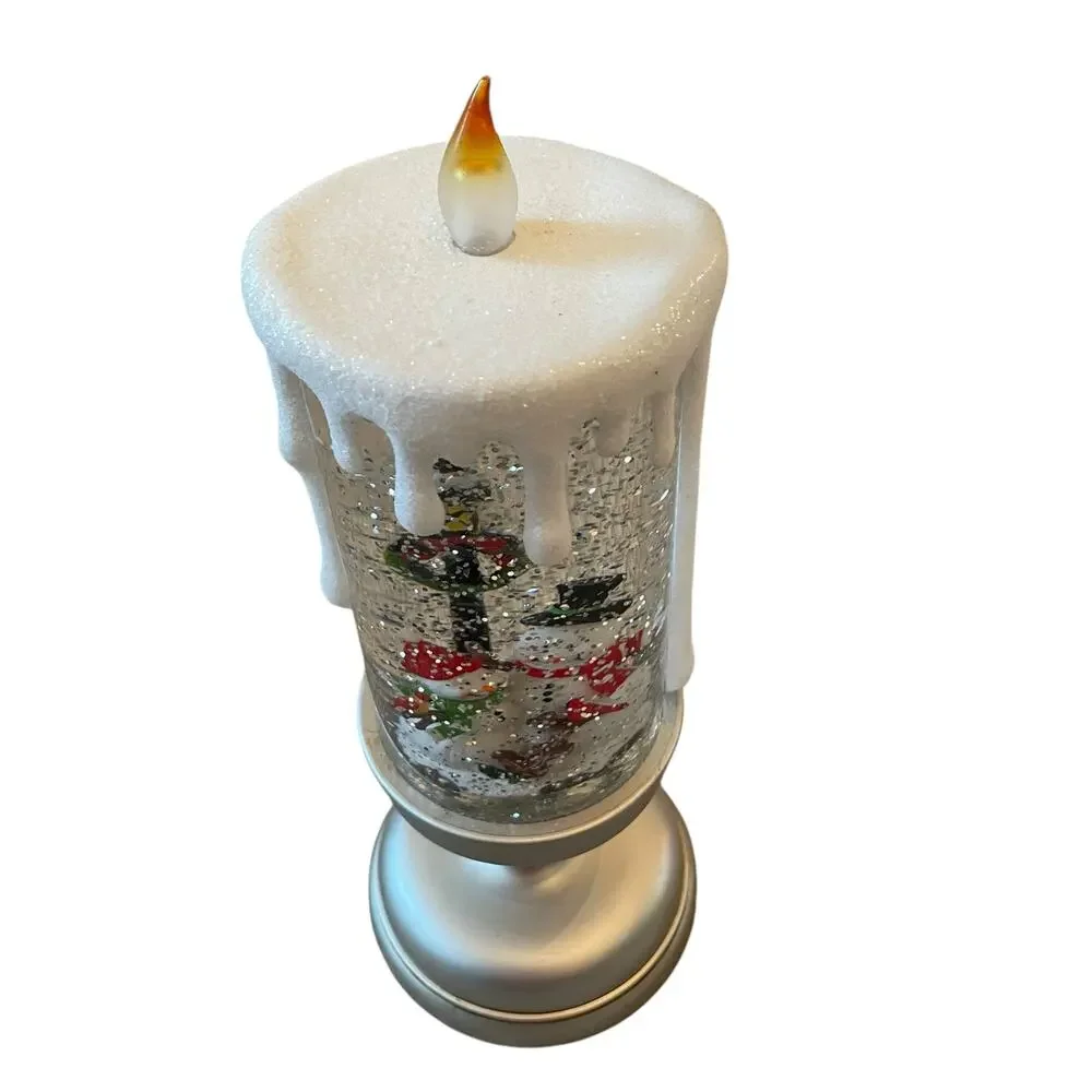 Illuminated Silver Glitter Pedestal Candle 13in Christmas Holiday Snowman New